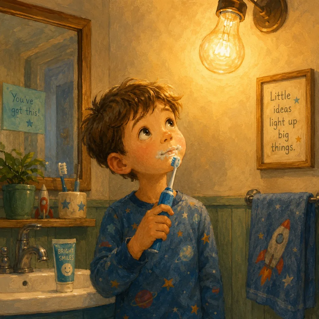A child holding an electric toothbrush, absorbed in looking up at a glowing bathroom bulb.